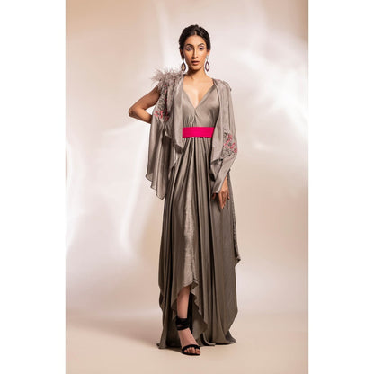GEE SIN by Geetanjali Singh Grey Dress with Fuchsia Satin Belt & Jacket (Set of 3)
