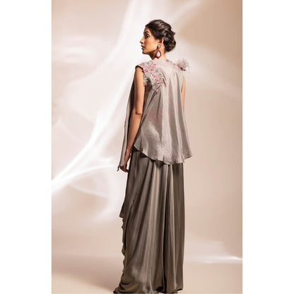 GEE SIN by Geetanjali Singh Grey Dress with Fuchsia Satin Belt & Jacket (Set of 3)