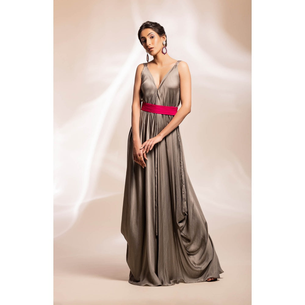 GEE SIN by Geetanjali Singh Grey Dress with Fuchsia Satin Belt & Jacket (Set of 3)