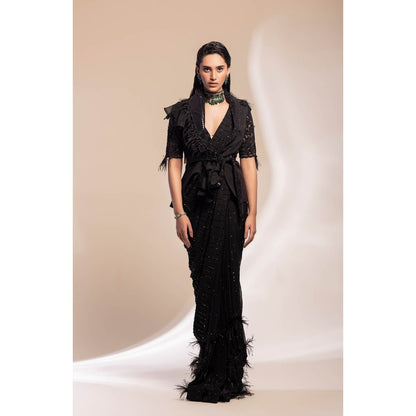 GEE SIN by Geetanjali Singh Black Pre-Draped Saree with Waistcoat & Belt with Stitched Blouse