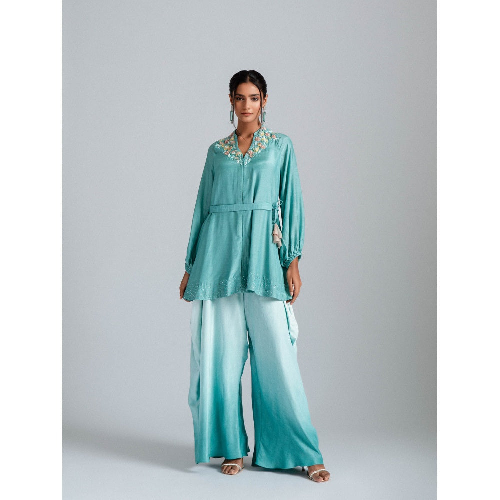 GEE SIN by Geetanjali Singh Aqua Ombre Tunic Jacket with a Belt & Fusion Dhoti (Set of 3)