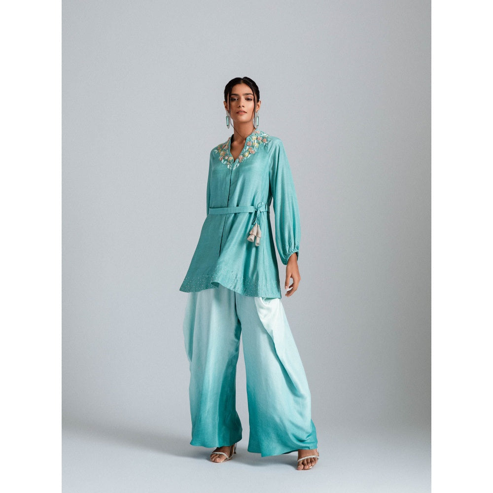 GEE SIN by Geetanjali Singh Aqua Ombre Tunic Jacket with a Belt & Fusion Dhoti (Set of 3)