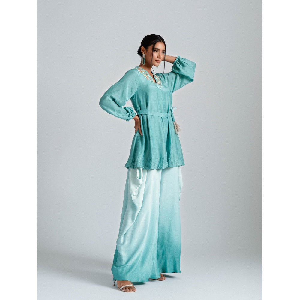 GEE SIN by Geetanjali Singh Aqua Ombre Tunic Jacket with a Belt & Fusion Dhoti (Set of 3)
