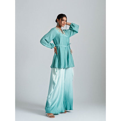 GEE SIN by Geetanjali Singh Aqua Ombre Tunic Jacket with a Belt & Fusion Dhoti (Set of 3)