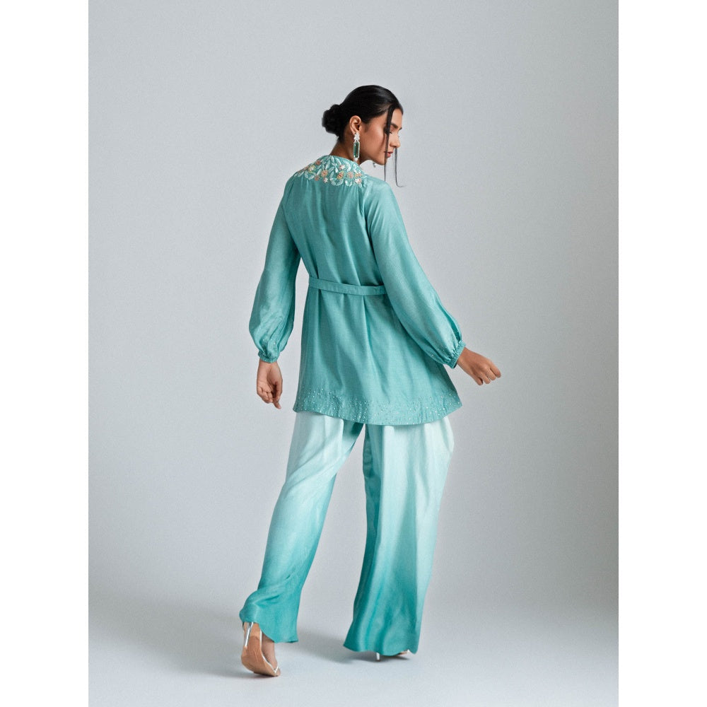 GEE SIN by Geetanjali Singh Aqua Ombre Tunic Jacket with a Belt & Fusion Dhoti (Set of 3)