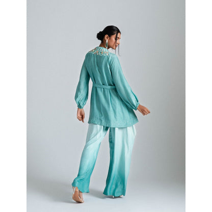 GEE SIN by Geetanjali Singh Aqua Ombre Tunic Jacket with a Belt & Fusion Dhoti (Set of 3)