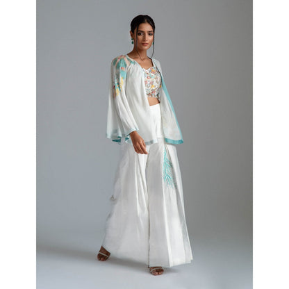 GEE SIN by Geetanjali Singh White Asymmetrical Jacket with Flared Pants & Bustier (Set of 3)