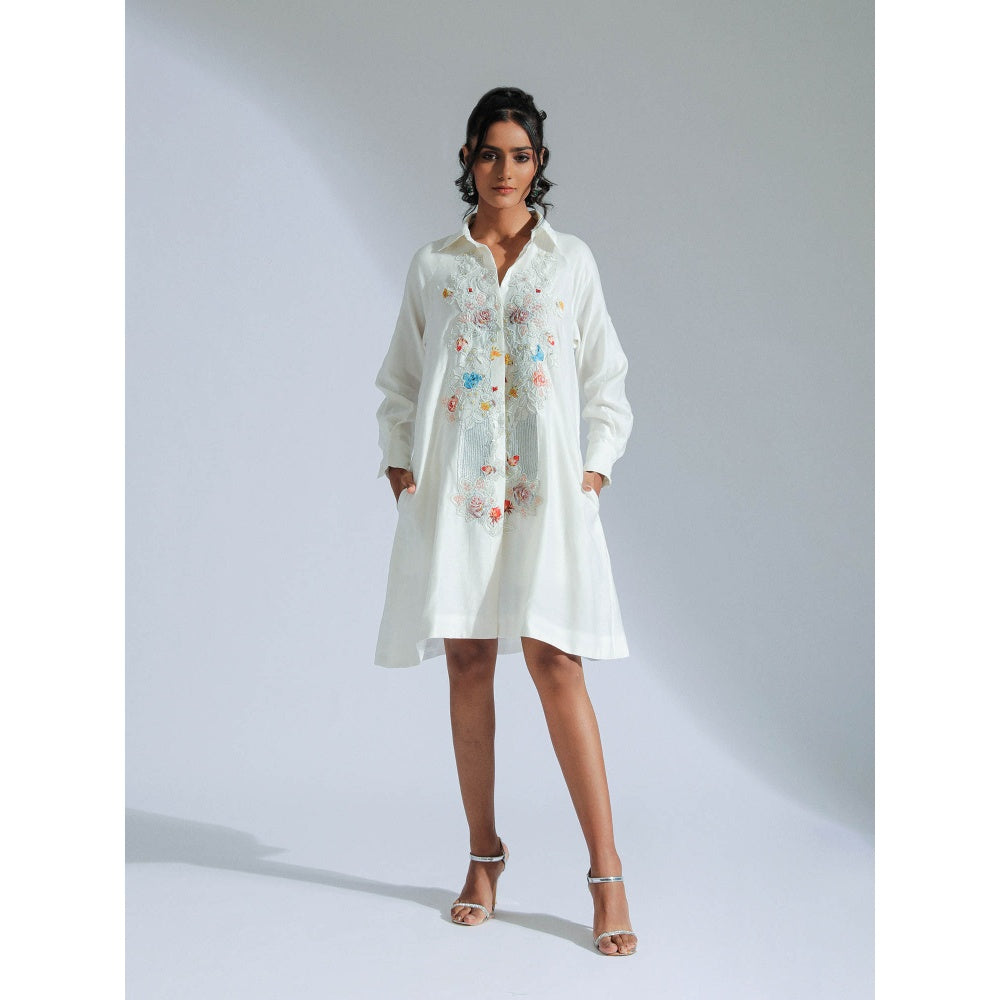 GEE SIN by Geetanjali Singh White Shirt Dress with Lace, Beadwork, & Charming Motifs