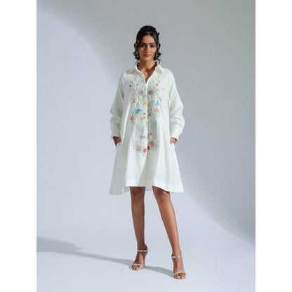GEE SIN by Geetanjali Singh White Shirt Dress with Lace, Beadwork, & Charming Motifs
