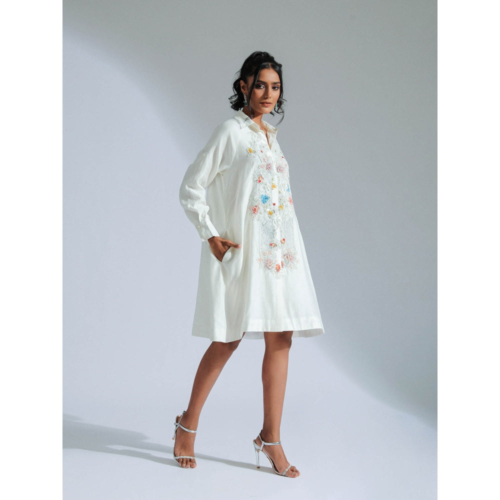 GEE SIN by Geetanjali Singh White Shirt Dress with Lace, Beadwork, & Charming Motifs