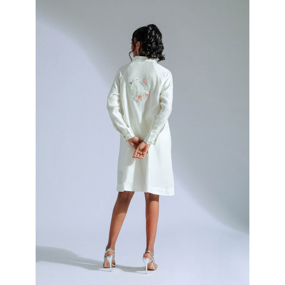 GEE SIN by Geetanjali Singh White Shirt Dress with Lace, Beadwork, & Charming Motifs