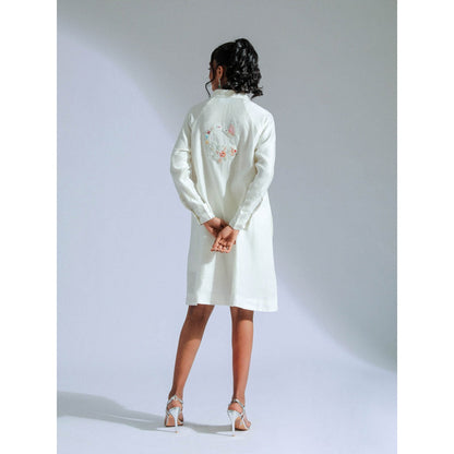 GEE SIN by Geetanjali Singh White Shirt Dress with Lace, Beadwork, & Charming Motifs
