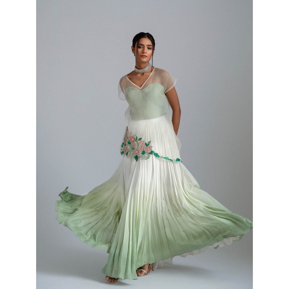GEE SIN by Geetanjali Singh Green Organza Top, Bustier & Ombre Skirt (Set of 3)