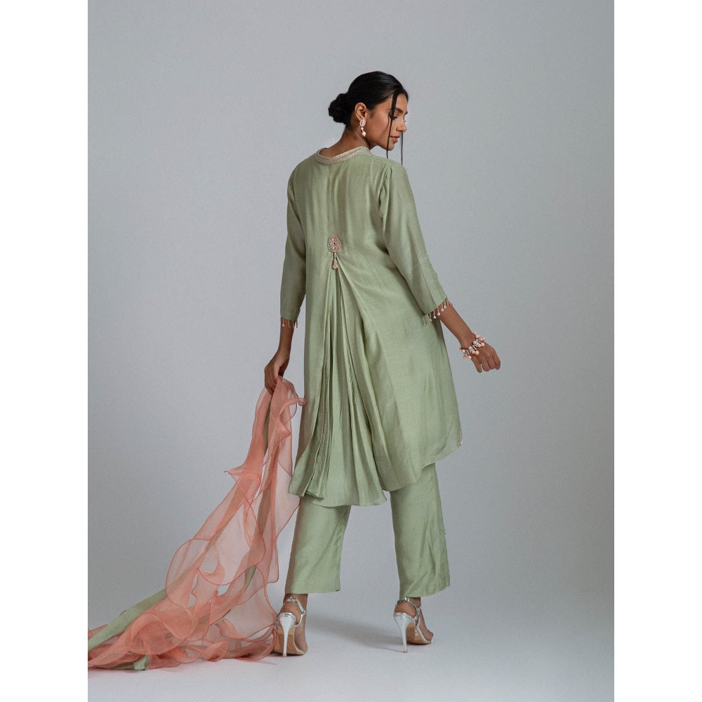 GEE SIN by Geetanjali Singh Green Silk Mul Tunic with Trousers & Ruffle Scarf (Set of 3)