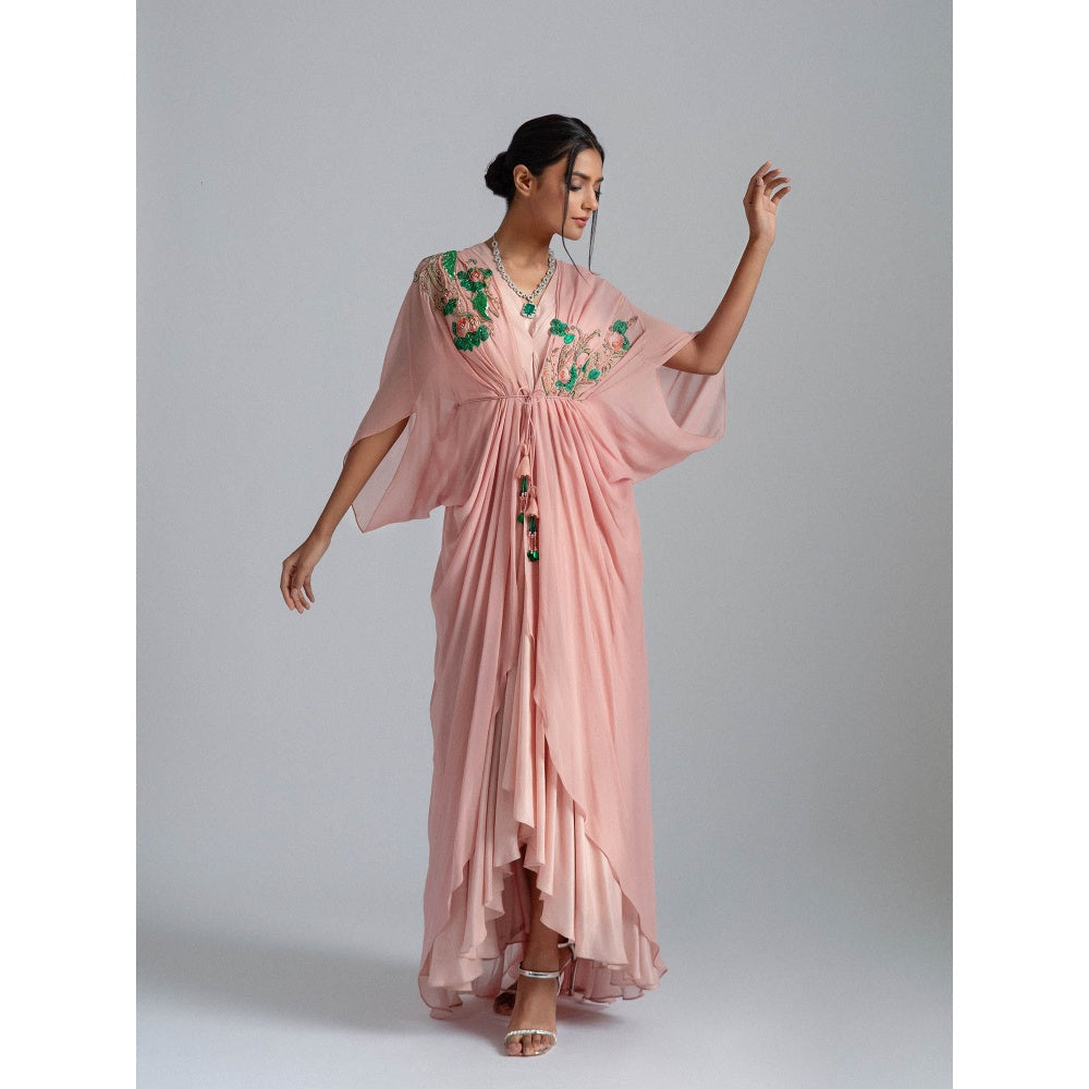 GEE SIN by Geetanjali Singh Peach Dress with A Kaftan Jacket with Inner Drape (Set of 2)