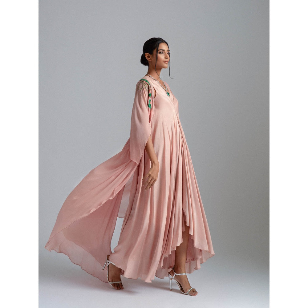 GEE SIN by Geetanjali Singh Peach Dress with A Kaftan Jacket with Inner Drape (Set of 2)