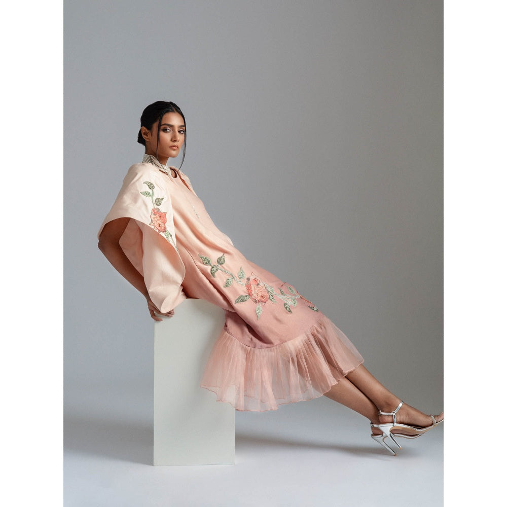 GEE SIN by Geetanjali Singh Peach Ombre Midi Dress with Cape Jacket (Set of 2)