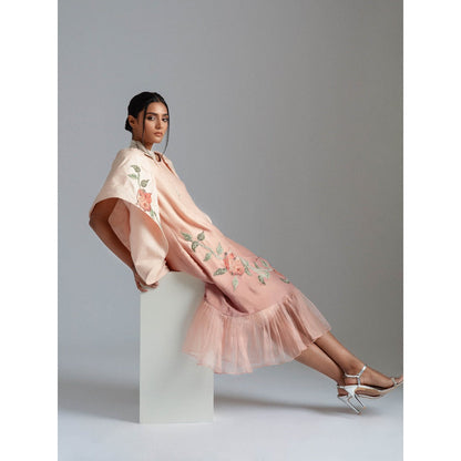 GEE SIN by Geetanjali Singh Peach Ombre Midi Dress with Cape Jacket (Set of 2)