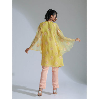 GEE SIN by Geetanjali Singh Melon Yellow Tunic & Trouser with Cape Sleeves (Set of 2)