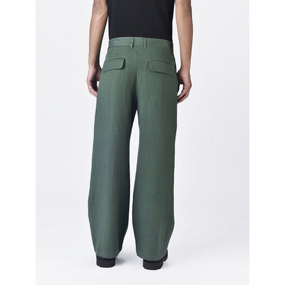 Genes Lecoanet Hemant Mens Green Linen Regular Fit Trouser