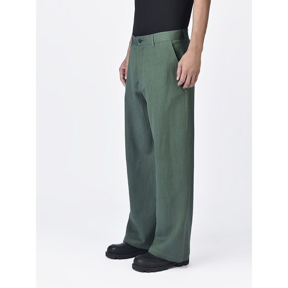 Genes Lecoanet Hemant Mens Green Linen Regular Fit Trouser
