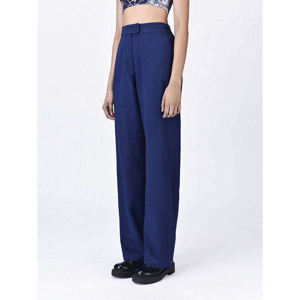Genes Lecoanet Hemant Womens Navy Blue Linen Mid Rise Trouser