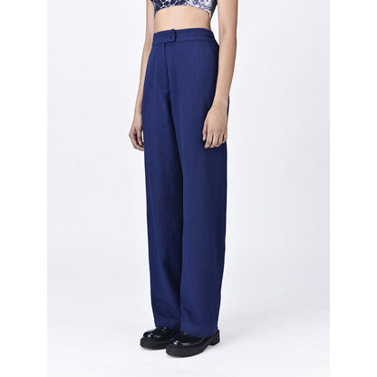 Genes Lecoanet Hemant Womens Navy Blue Linen Mid Rise Trouser
