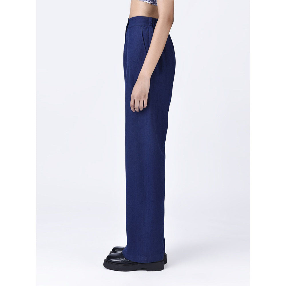Genes Lecoanet Hemant Womens Navy Blue Linen Mid Rise Trouser