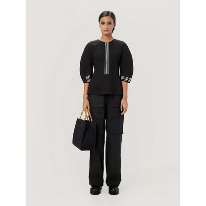Genes Lecoanet Hemant Women Black Cotton Stripe Printed Top