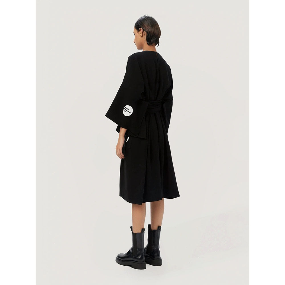 Genes Lecoanet Hemant Women's Black Solid Knee Length Dress with Belt (Set of 2)