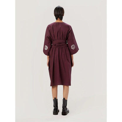 Genes Lecoanet Hemant Women's Purple Solid Knee Length Dress with Belt (Set of 2)