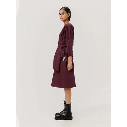 Genes Lecoanet Hemant Women's Purple Solid Knee Length Dress with Belt (Set of 2)