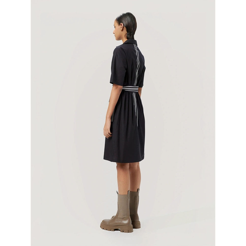 Genes Lecoanet Hemant Women's Black Solid Knee Length Dress with Belt (Set of 2)