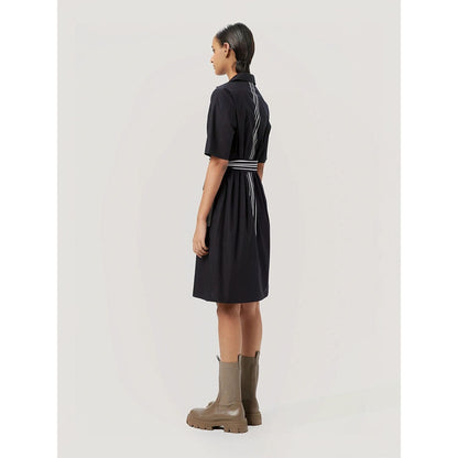 Genes Lecoanet Hemant Women's Black Solid Knee Length Dress with Belt (Set of 2)