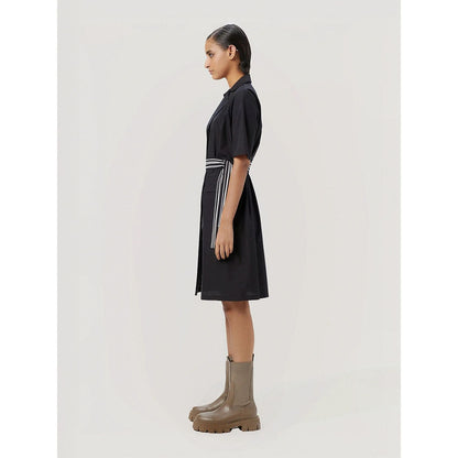 Genes Lecoanet Hemant Women's Black Solid Knee Length Dress with Belt (Set of 2)
