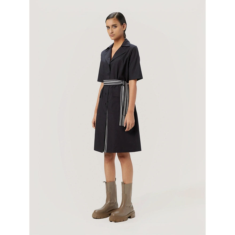 Genes Lecoanet Hemant Women's Black Solid Knee Length Dress with Belt (Set of 2)
