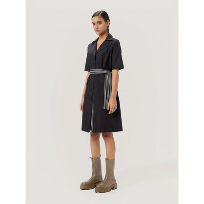 Genes Lecoanet Hemant Women's Black Solid Knee Length Dress with Belt (Set of 2)