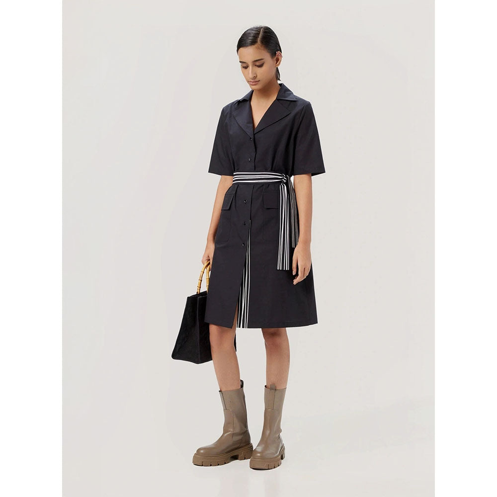 Genes Lecoanet Hemant Women's Black Solid Knee Length Dress with Belt (Set of 2)