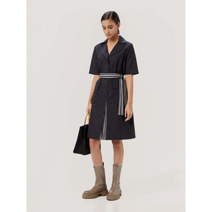 Genes Lecoanet Hemant Women's Black Solid Knee Length Dress with Belt (Set of 2)