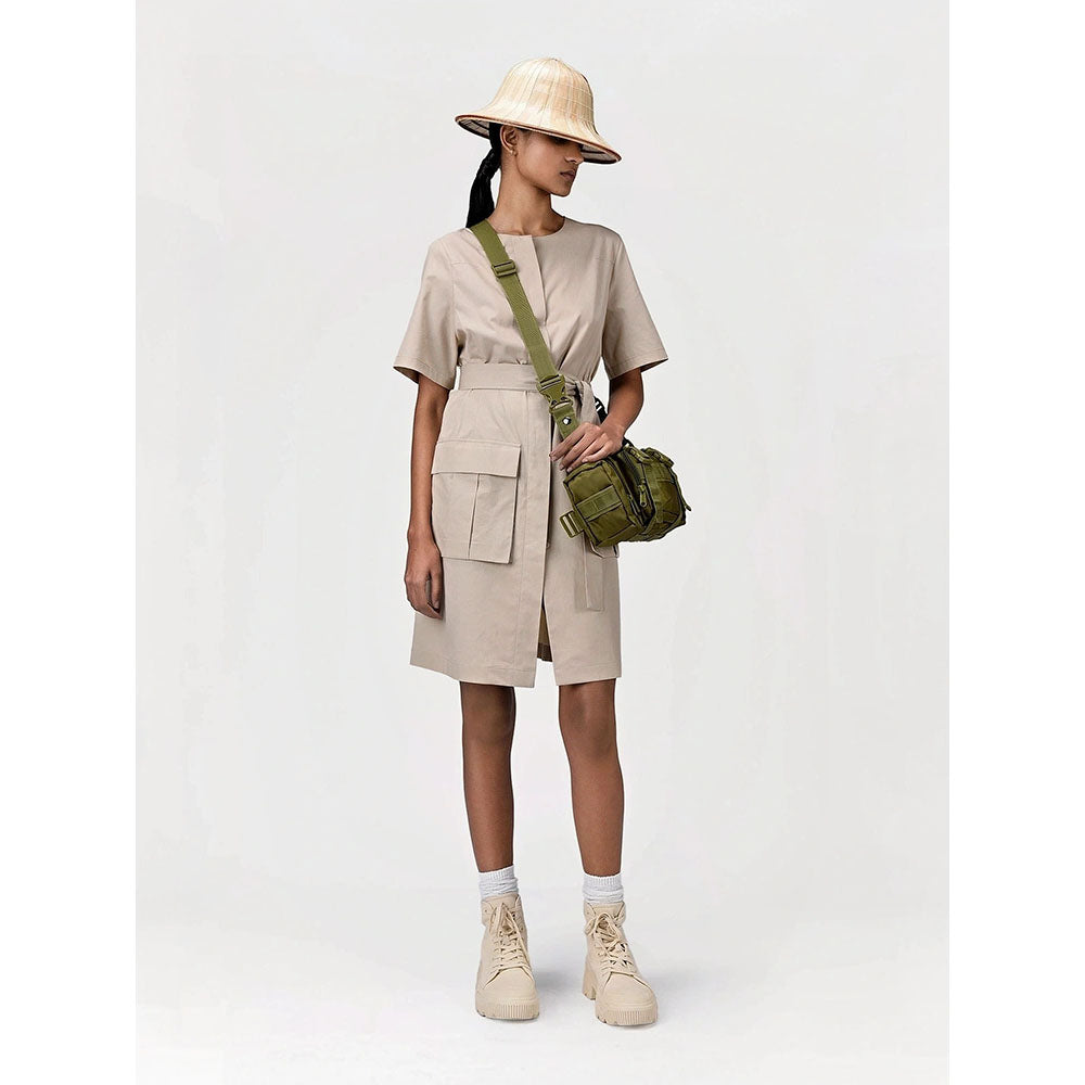 Genes Lecoanet Hemant Women's Beige Solid Knee Length Dress with Belt (Set of 2)