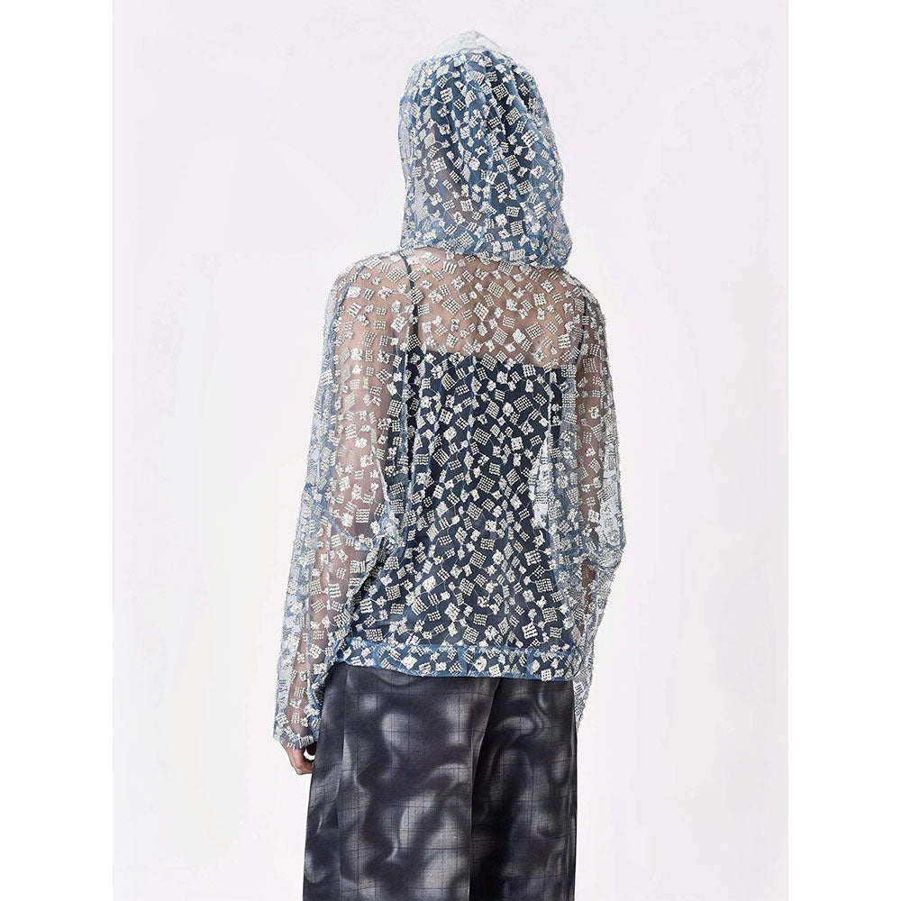 Genes Lecoanet Hemant Women Blue Cotton Self Design Open Front Hoodies Jacket