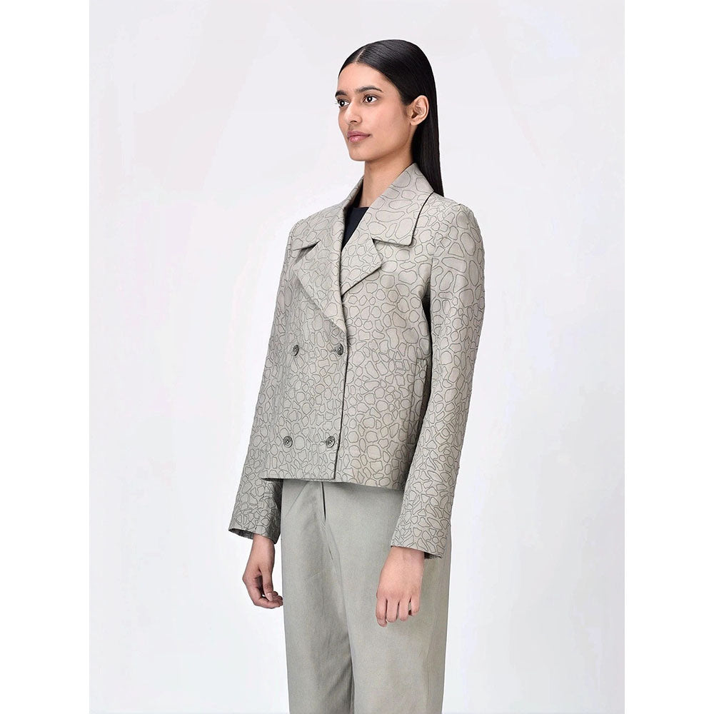 Genes Lecoanet Hemant Women Grey Cotton Notched Lapel Printed Blazer