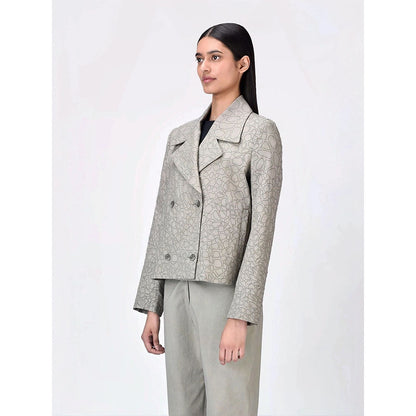 Genes Lecoanet Hemant Women Grey Cotton Notched Lapel Printed Blazer