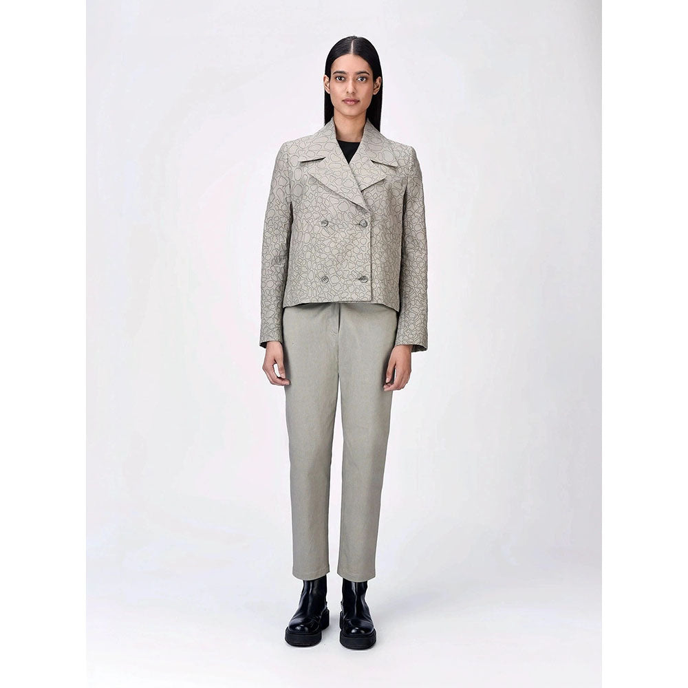 Genes Lecoanet Hemant Women Grey Cotton Notched Lapel Printed Blazer