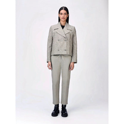 Genes Lecoanet Hemant Women Grey Cotton Notched Lapel Printed Blazer