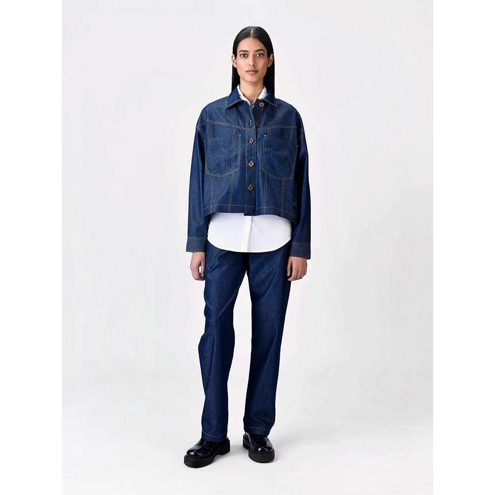 Genes Lecoanet Hemant Women Navy Blue Open Front Denim Jacket