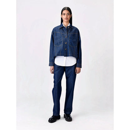 Genes Lecoanet Hemant Women Navy Blue Open Front Denim Jacket