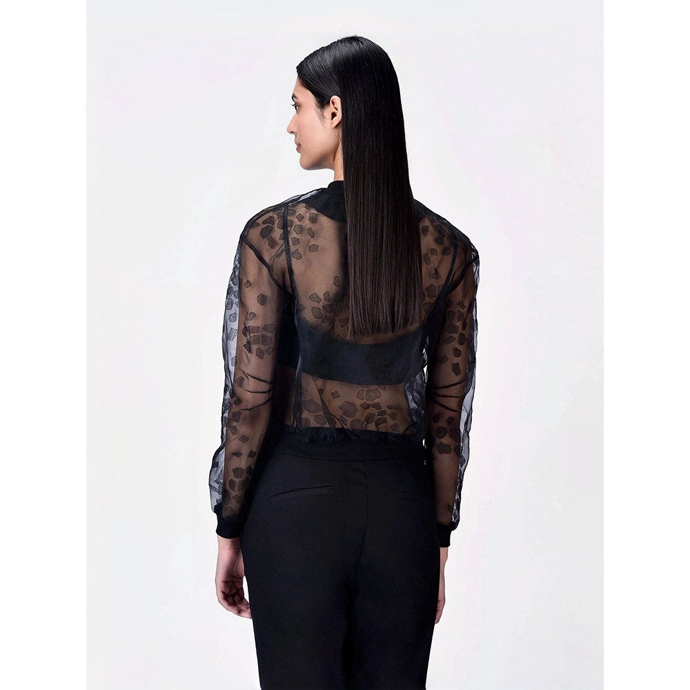 Genes Lecoanet Hemant Women Black Self Design Open Front Cropped Jacket