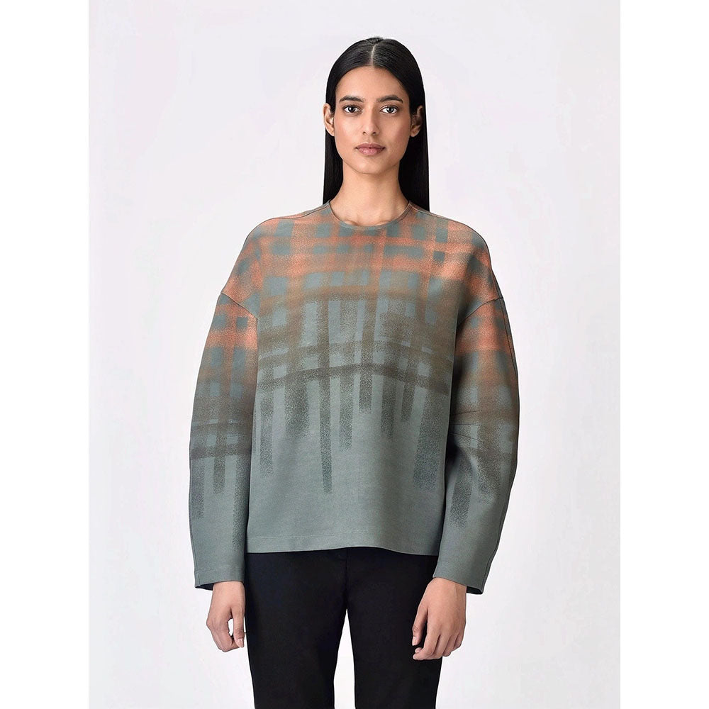 Genes Lecoanet Hemant Women Grey Polyester Crepe Round Neck Checked Regular Pullover Sweatshirt