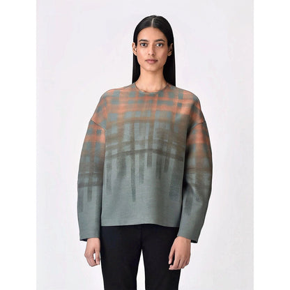 Genes Lecoanet Hemant Women Grey Polyester Crepe Round Neck Checked Regular Pullover Sweatshirt